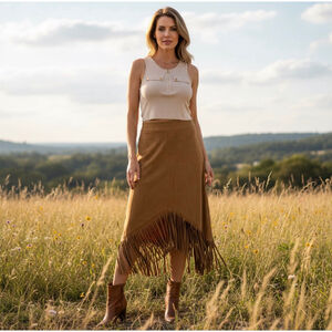 2 Pc. Outfit Brown Fringe Midi Skirt with Beige Tank Top, Size L